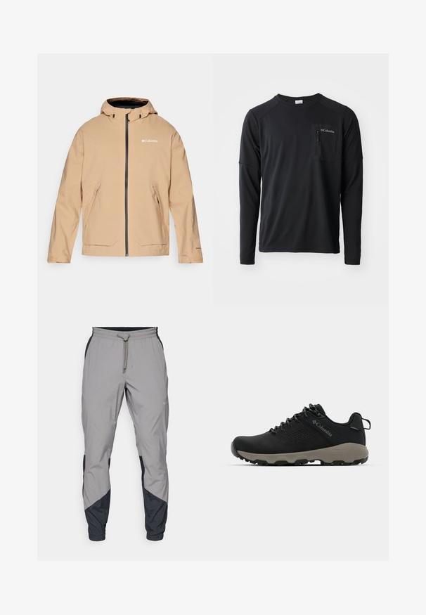 Beige waterdichte jas met een capuchon, ritsluiting en twee voorzakken. Kenmerkt zich door contrasterende zwarte ritsen en logo-details. Gladde textuur.; Columbia COLUMBIA TECH™ LONG SLEEVE CREW - Longsleeve - black; Lichte, grijze sportbroek met zwarte accenten. Elastische tailleband, trekkoordsluiting, taps toelopend ontwerp en zijzakken.; Zwarte wandelschoen met een soepele bovenkant, geperforeerd ontwerp, grijze buitenzool en versterkte hiel. Voorzien van veters en een trekriem voor gemakkelijk aan- en uittrekken.