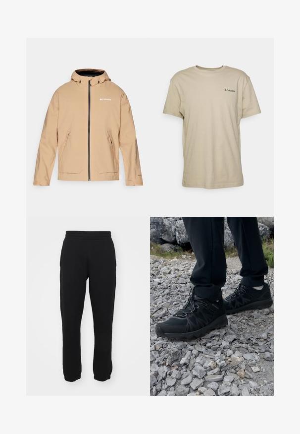Veste imperméable beige avec capuche, fermeture éclair et deux poches avant. Présente des zips noirs contrastants et des détails de logo. Texture lisse.; T-shirt en coton beige à manches courtes, col rond, et un petit logo noir sur la partie gauche de la poitrine. Texture lisse, design décontracté.; Pantalons de survêtement noirs en mélange de coton, dotés d'une taille élastique, de jambes fuselées et de poignets côtelés au niveau des chevilles. Design simple, sans motifs.; Chaussures d'extérieur noires en matériau synthétique et en maille, présentant une tige texturée, un système de lacets sécurisé et une semelle extérieure robuste, sur un terrain rocailleux.