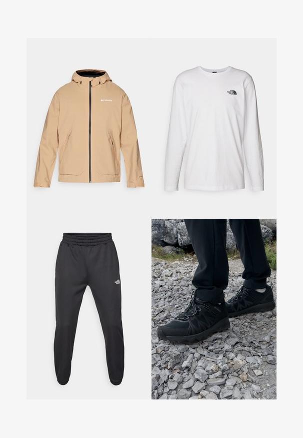 Veste imperméable beige avec capuche, fermeture éclair et deux poches avant. Présente des zips noirs contrastants et des détails de logo. Texture lisse.; T-shirt blanc à manches longues en coton avec un col rond. Présente un petit logo noir sur la poitrine. Texture lisse, coupe régulière.; Pantalons de survêtement noirs avec une taille à cordon de serrage, coupe fuselée, poignets élastiques et un petit logo blanc sur la cuisse gauche, fabriqués en tissu lisse.; Chaussures d'extérieur noires en matériau synthétique et en maille, présentant une tige texturée, un système de lacets sécurisé et une semelle extérieure robuste, sur un terrain rocailleux.