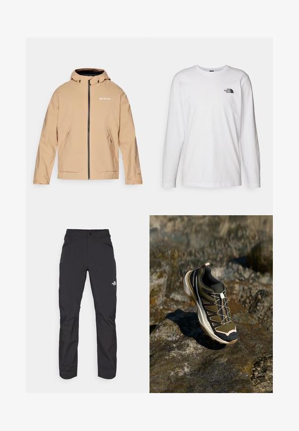 Beige waterdichte jas met een capuchon, ritsluiting en twee voorzakken. Kenmerkt zich door contrasterende zwarte ritsen en logo-details. Gladde textuur.; Witte lange mouwen T-shirt gemaakt van katoen met een ronde hals. Beschikt over een klein zwart logo op de borst. Soepele textuur, normale pasvorm.; Zwarte outdoor broek met een ritssluiting voorzak, synthetisch materiaal, taps toelopende benen en versterkte kniestukken. Voorzien van een knoopsluiting.; Wandelshoe in olijfgroen en zwart met roze accenten. Beschikt over een gestructureerd bovenwerk, flexibele zool, versterkte neuzen, en een kleurrijk vetersysteem.