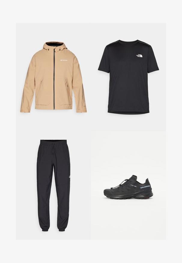 Veste imperméable beige avec capuche, fermeture éclair et deux poches avant. Présente des zips noirs contrastants et des détails de logo. Texture lisse.; T-shirt noir à manches courtes en tissu léger. Présente un petit logo blanc sur la poitrine gauche et des accents subtils aux épaules.; Pantalon de sport noir en tissu léger, avec une taille à cordon, des poches latérales et des chevilles resserrées.; Chaussure de trail running noire avec une tige texturée, des lacets élastiques et une semelle extérieure Contagrip. Présente un ajustement serré et un pare-chocs protecteur.