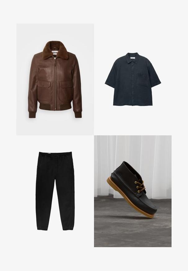Schott Bomber jakna - brown; Temno-modra kratka srajca s kratkimi rokavi, izdelana iz lahkega materiala, z žepom na prsih in klasičnim ovratnikom.; Črne hlače z elastičnim pasom in vrvico, ožji nogi, stranskimi žepi in subtilnimi detajli šivanja na straneh. Mehka bombažna tekstura tkanine.; Črne usnjene čevlje z gladko površino, okroglo konico, rjavimi vezalkami in svetlo rjavimi gumijastimi podplati. Logotip je vtisnjen na strani.