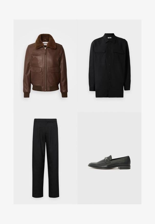Schott Pilotska jakna - brown; Crna košulja s dugim rukavima od glatkog materijala, s klasičnom kragnom, dva prednja džepa i dugmadima na manžetama.; Crne hlače od glatkog materijala, s dizajnom ravnih nogavica, dva prednja nabora i standardnim pojasom s petljama za remen.; Crna kožna loafer cipela s glatkom finišem, s ušivenim uzorkom i dekorativnim metalnim lancem preko prednjeg dijela. Ravni potplat.