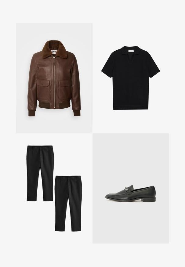 Schott Bomber bunda - brown; Černé polo tričko s krátkým rukávem vyrobené z texturované pleteniny, které má lodičkový výstřih a rovný lem. Žádné viditelné logo ani vzory.; Černé střihové kalhoty s hladkým povrchem, s rovnými nohavicemi a středním pasem. Zobrazeny jsou dvě varianty, jedna zkrácená.; Černé kožené mokasíny s hladkým povrchem, s prošívaným designem a dekoračním kovovým řetízkem přes nárt. Plochý podpatek.