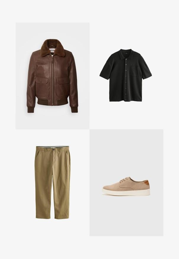 Schott Bomber stiliaus striukė - brown; Juodas trumpųjų rankovių polo marškinėliai, pagaminti iš tekstūruoto audinio, su mygtukų uždarymu priekyje ir krūtinės kišene. Mygtukai yra tamsūs ir blizgūs.; Chaki chino kelnės, pagamintos iš medvilnės mišinio, su dviem šoniniais kišenėmis, mygtukų užsegimu, tiesiomis kojomis ir lygiu paviršiumi.; Bežiniai zomšiniai sportbačiai su apvaliomis pirštų dalimis, raišteliais priekyje ir tekstūruotu užkulniu. Balta guma suteikia kontrastą. Paprastas ir modernus dizainas.