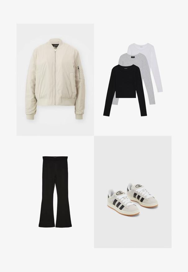 Vero Moda VMNINNA - Bomber stiliaus striukė - oatmeal; Trijų ilgomis rankovėmis marškinėlių krūva: juodas, pilkas ir baltas. Kiekvienas turi apvalų iškirpimą ir trumpą dizainą, pagamintas iš lygaus, lengvo audinio.; Juodos flared tipo legginsai, pagaminti iš tamprios medžiagos. Yra platus juosmuo ir lygus paviršius, su prie kūno priglundančiu siluetu, kuris pločiasi ties apatine dalimi.; Grynos zomšos sneakeriai su baltais raišteliais, juodomis juostelėmis ir balta gumine sole. Turintys apskritą logotipą ant liežuvėlio ir guminę sole.