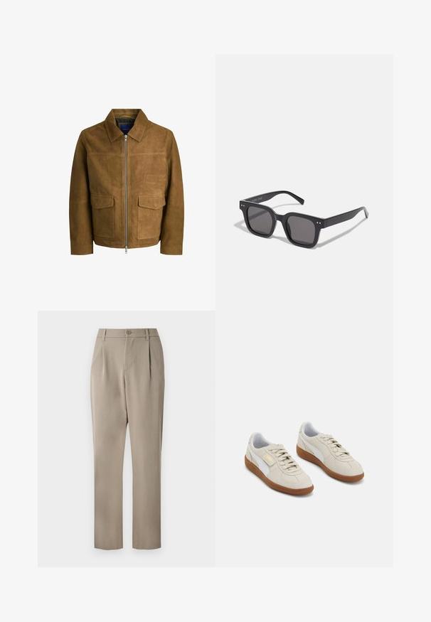 Hnedá semišová bunda s golierom, zipsom a dvoma plochými vreckami vpredu. Hladká textúra s pevným strihom.; Biela tričko s krátkym rukávom vyrobené z jemnej tkaniny. Okrúhly výstrih, voľný strih a jednoduchý dizajn bez ozdôb alebo vzorov.; Khaki nohavice so štýlom rovného strihu, s uzatváraním na gombík a skladaným predkom. Vyrobené z hladkej tkaniny s matným povrchom.; Béžové semišové tenisky s bielymi koženými akcentmi a hnedými gumovými podrážkami. Majú zaoblenú špičku, šnúrky a zlaté logo na boku.; Čierne obdĺžnikové slnečné okuliare s tmavými sklami, s hrubým rámom, jemnými akcentmi na stranách a bez viditeľných log, okrem názvu značky.