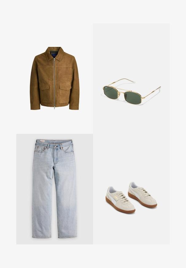 Braune Wildlederjacke mit Kragen, Reißverschluss und zwei flachen Taschen auf der Vorderseite. Glatte Textur mit strukturierter Passform.; Beige gestricktes Polohemd mit V-Ausschnitt, kurzen Ärmeln und grünen Streifen über der Brust. Mit gesticktem Logo in Blau.; Helle blaue gerade geschnittene Jeans mit hoher Taille, Knopfverschluss sowie Vorder- und Hintertaschen, auf einer flachen Oberfläche präsentiert.; Beige Wildleder-Sneaker mit weißen Lederakzenten und braunen Gummisohlen. Sie verfügen über eine runde Zehenpartie, Schnürsenkel und ein goldenes Logo an der Seite.; Goldene Metallsonnenbrille mit grünen Gläsern, die eine kantige Form und schlanke Bügel aufweist. Das Design umfasst ein dünnes Gestell und dezente Markierung auf dem Glas.