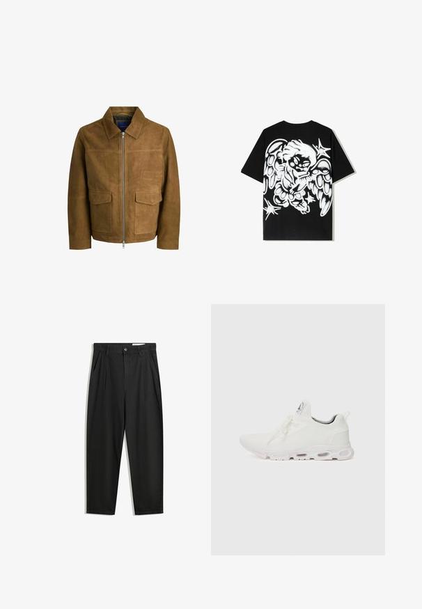 Bruine suede jas met een kraag, ritssluiting en twee platte zakken aan de voorkant. Glad textuur met een gestructureerde pasvorm.; Zwarte katoenen t-shirt met een groot wit graffiti-stijl engelontwerp op de achterkant, met gedetailleerde vleugels en steraccenten.; Zwarte katoenen broeken met een losse pasvorm, voorzien van een klassieke tailleband, voorplooien en zijzakken. Gladde structuur zonder patronen.; Witte sportieve schoenen met een gestructureerde gebreide bovenkant, platte veters en een gevoerde zool met zichtbare luchtkamers voor extra ondersteuning.