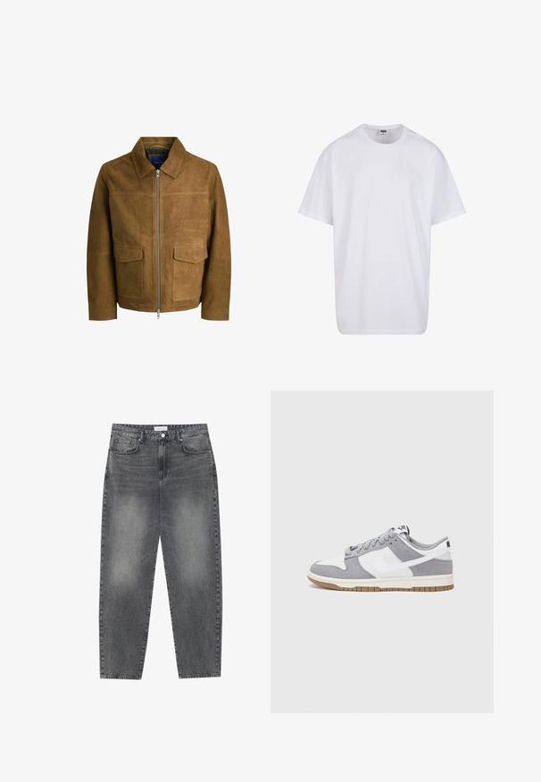 Pruun seemisjakker, millel on kraega kaelus, lukuga kinniti ja kaks lamedat taskut ees. Sujuv tekstuur ja struktureeritud lõige.; Valge puuvillane t-särk lühikeste varrukatega, ümmarguse kaelusega, lõdva lõikega ja ilma nähtavate logodeta või mustriteta. Sile tekstuur ja minimaalne disain.; Kõrgema vöökohtadega, lõdva lõikega teksad, mis on valmistatud tuhmist mustast denimist. Selles on viis taskut, traksid ja puhas, sirge säärelõige.; Halli ja valge tennis鞋, millel on nubuk- ja nahkdetailid, ümar varvas, lamedad nöörid ning kummist tald, millel on kola aktsent.
