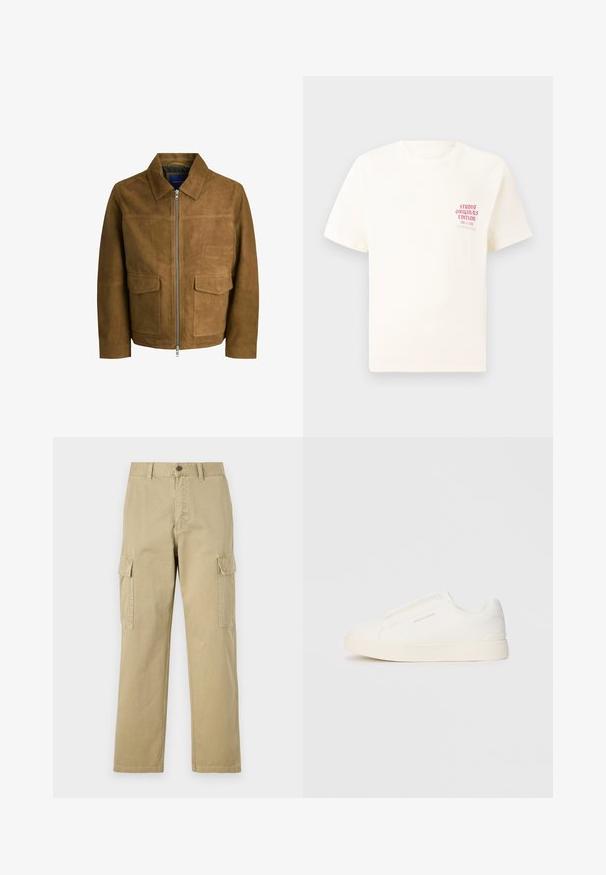 Chaqueta de ante marrón con cuello, cierre de cremallera y dos bolsillos planos en la parte delantera. Textura suave con un ajuste estructurado.; Camiseta blanca de manga corta con el texto rojo "Edición de Studio Originals" en el lado izquierdo del pecho, exhibida sobre un fondo gris neutro.; Pantalones cargo beige de algodón, con dos bolsillos laterales, cierre de botón y perneras rectas con una tela ligeramente texturizada.; Zapatillas blancas tipo slip-on con una superficie texturizada, suela gruesa y diseño minimalista. Presenta el logo de la marca en un lado.