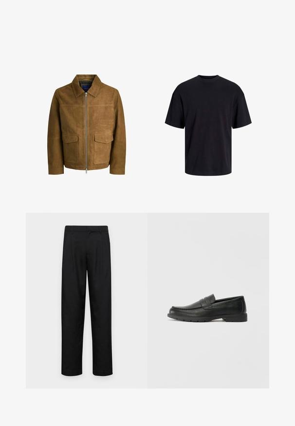 Smeđa zamšna jakna s ovratnikom, zatvaranjem na patentni zatvarač i dva ravna džepa sprijeda. Glatka tekstura s definiranim krojem.; Crna pamučna majica s okruglim izrezom, kratkim rukavima i opuštenim krojem. Glatka tekstura bez vidljivih uzoraka ili dekoracija.; Crne hlače od glatkog materijala, s dizajnom ravnih nogavica, dva prednja nabora i standardnim pojasom s petljama za remen.; Crne kožne mokasine s glatkom površinom, gornji dio u stilu mokasina, ojačani šavovi i gumeni potplat. Klasičan dizajn s niskom petom.