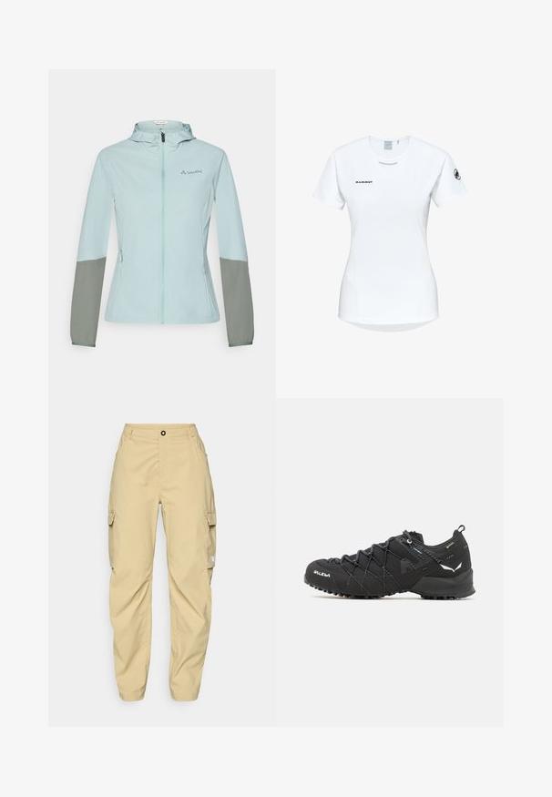Lyseblå letvægtsjakke med grå ærmer, fuld lynlås, justerbar hætte og Vaude-logo på brystet. Glat tekstur og atletisk pasform.; Kortærmet hvid sportsshirt med rund hals, prydet med et logo på brystet og en glat, let stofstruktur.; The North Face EXPLORATION CARGO PANTS - Outdoorbukser - khaki stone; Sorte vandresko med en tekstureret stofoverdel, snøresystem og robust gummisål. Accenteret med reflekterende detaljer og logoer.