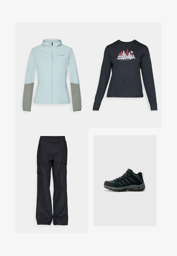 Jachetă ușoară de culoare albastră deschisă, cu mâneci gri, fermoar complet, glugă ajustabilă și logo-ul Vaude pe piept. Textură netedă și croială sport.; Cămașă cu mâneci lungi de culoare gri închis, cu un grafic de copaci roșii și munți; logo-ul "COLUMBIA" în text alb îngroșat. Material moale, guler standard de tip crew.; Columbia BREA FALLS™ COTTON RIPSTOP PANT - Pantaloni outdoor - black; Columbia REDMOND - Pantofi drumeție - black/citron haze