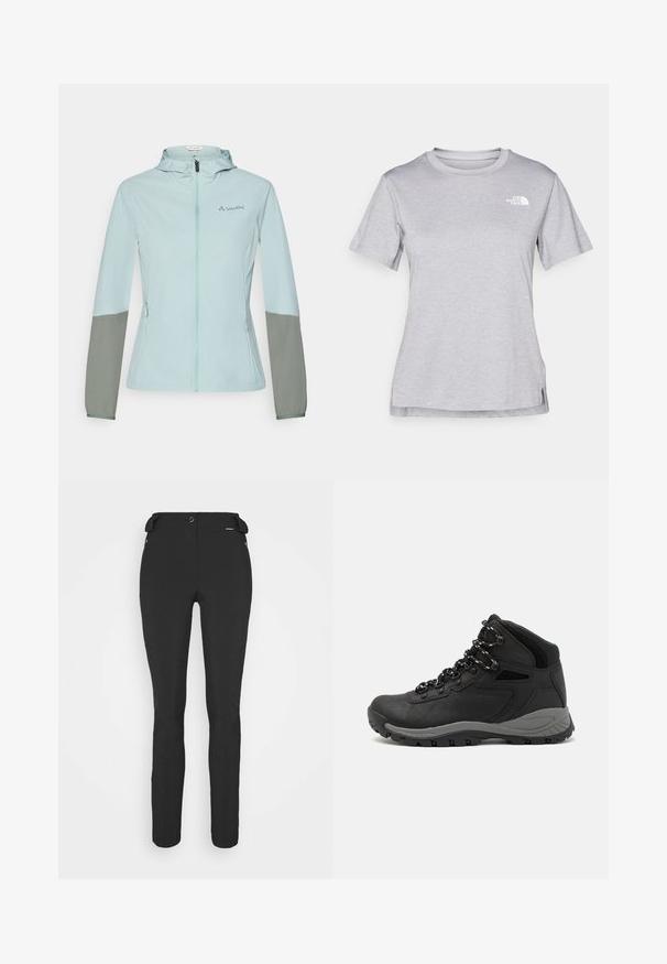 Lyseblå letvægtsjakke med grå ærmer, fuld lynlås, justerbar hætte og Vaude-logo på brystet. Glat tekstur og atletisk pasform.; Grå kortærmet T-shirt lavet af blødt, fugttransporterende materiale. Har en rund hals og et lille hvidt logo øverst til venstre.; Sorte, tætsiddende bukser lavet af et fleksibelt materiale. Funktioner inkluderer en lynlåslomme i siden, artikulerede knæ og en glat tekstur.; Sort vandrestøvle med en mellem-højde design, der har en tekstureret overdel, grå detaljer og en holdbar gummisål med skridsikre klodser.