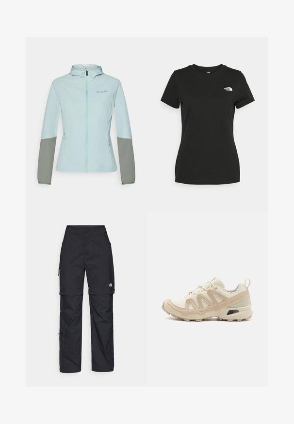 Lyseblå letvægtsjakke med grå ærmer, fuld lynlås, justerbar hætte og Vaude-logo på brystet. Glat tekstur og atletisk pasform.; Sort bomulds T-shirt med rund halsudskæring og korte ærmer. Bemærkelsesværdig hvid logo på øverste venstre side. Glat tekstur, afslappet pasform.; Sorte nylon cargo bukser med lynlås, justerbare manchetter, flere lommer og et logo på højre ben. Glat, let tekstur.; Beige og creme atletiksko med struktureret mesh-overdel, støttende overlays og gummiyderside med et mønster for trækkraft.