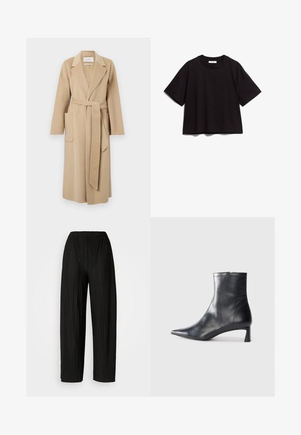 Cappotto lungo in lana beige con ampi revers, due tasche frontali e una cintura coordinata legata in vita.; T-shirt in cotone nero con scollatura rotonda e maniche corte. Caratterizzato da una vestibilità ampia e un design semplice e privo di ornamentazioni.; Pantaloni neri a gamba larga plissettati con vita elastica. Il tessuto presenta pieghe verticali e una consistenza liscia.; Stivaletto in pelle nera con punta affusolata e design elegante. Presenta un tacco basso e una chiusura con zip sul retro. Texture liscia.