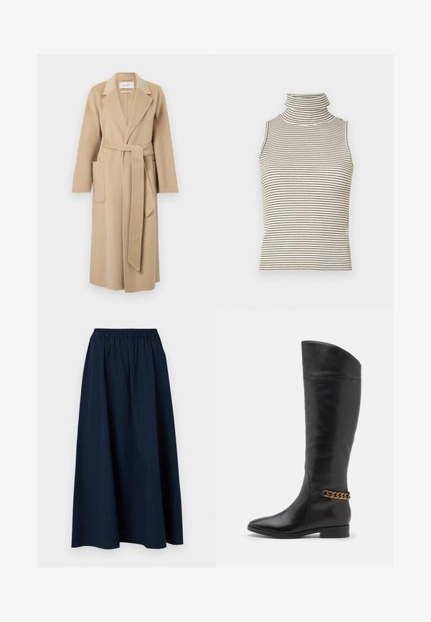 Lang beige uldfrakke med brede klapper, to forlommer og et matchende bælte der er bundet om taljen.; Ærmeløs turtleneck-top med lodrette sorte og hvide striber, lavet af en struktureret strikket stof, med en høj, tætsiddende krave.; Mørkeblå, lang nederdel lavet af tekstureret stof med elastisk talje og subtile lodrette striber.; Høje sorte læderstøvler med et slankt design, spids tå og en guld kædeaccent ved anklen. Lav blokhæl. Glat overflade.
