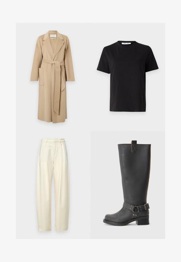 Long manteau en laine beige avec des revers larges, deux poches avant et une ceinture assortie nouée à la taille.; T-shirt noir à manches courtes en coton doux, avec un col rond, une coupe décontractée et une texture lisse. Pas de motifs ni de graphiques visibles.; Pantalons plissés taille haute en tissu crème clair. Présente une coupe droite et une texture lisse. Sans poches ni matériel visible.; Bottes noires en cuir, montantes jusqu'au genou, avec une finition texturée, présentant une boucle sur le côté et un talon bas. Couture détaillée le long des coutures.
