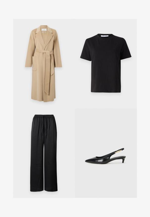 Langer beige Wollmantel mit breiten Revers, zwei Vordertaschen und einem passenden Gürtel, der in der Taille gebunden ist.; Schwarzes T-Shirt mit kurzen Ärmeln aus weicher Baumwolle, mit rundem Ausschnitt, lockerer Passform und glatter Textur. Keine sichtbaren Muster oder Grafiken.; Schwarze weite Hosen mit elastischem Bund, Kordelzugverschluss und glatter Textur. Bietet eine lockere Passform für Komfort und Bewegungsfreiheit.; Schwarze Leder-Slingback-Pumps mit spitzem Schuhblatt, ausgestattet mit einem schlanken Absatz und einem goldfarbigen Akzent am verstellbaren Riemen. Glatte Textur.