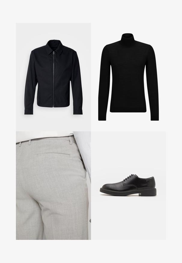 Mustad mustusega zip-up jakk, millel on alla volditav krae ja pikkade varrukatega. Valmistatud siledast kangast, millel on minimalistlik disain ja nähtavaid mustreid pole.; Musthave muströid ja pehmest materjalist must turtleneck, millel on pikad varrukad ja tihe istuvus. Ribaga ääris allservas ja vöökohal. Lihtne disain.; Heledat hallid kohandatud püksid tekstuurse kangaga, millel on üks tagatasku ja puhas õmblus.; Must beemel levalis kingad ümarate varvastega, sileda pinnaga, minimaalsete õmblustega ja madala kummist kontsaga. Logo kontsa peal.