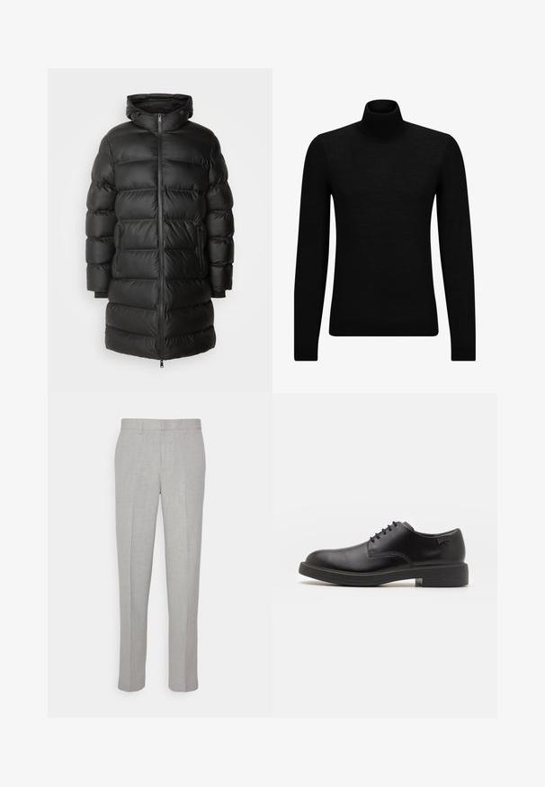 Sort varm jakke med hætte, kviltet design, lynlås lukning og to sidelommer; blank overflade og mellemlang silhuet.; Sort turtleneck sweater lavet af blødt materiale, med lange ærmer og en tætsiddende pasform. Ribbet trim ved kanten og manchetter. Simpelt design.; Lysgrå bukser med en glat tekstur, flad front og lige ben. Fremstillet af åndbart stof, med indvendige lommer og bæltestropper.; Sorte læder snørestøvle med rund tå, glat tekstur, minimal syning og lav gummihæl. Logo på hælen.