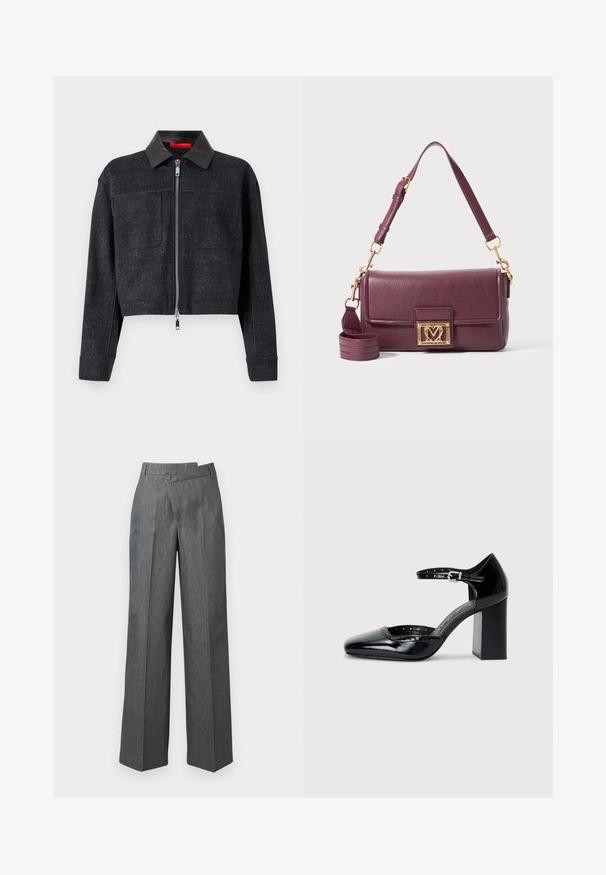 Cropped black denim jacket with a shiny black leather collar and front zipper, featuring two chest pockets and long sleeves.; Light grey sweater made of soft fabric, featuring long raglan sleeves, a round neckline, and ribbed cuffs and hem. Simple, seamless design.; Wide-leg trousers in dark gray fabric, featuring a high waist, front pleats, and a single button closure on the side.; Black patent leather high-heeled shoes with a square toe, ankle strap, and a chunky heel. Includes perforated detailing along the rim.; Dark purple leather shoulder bag with gold heart-shaped clasp and adjustable top strap on white background.