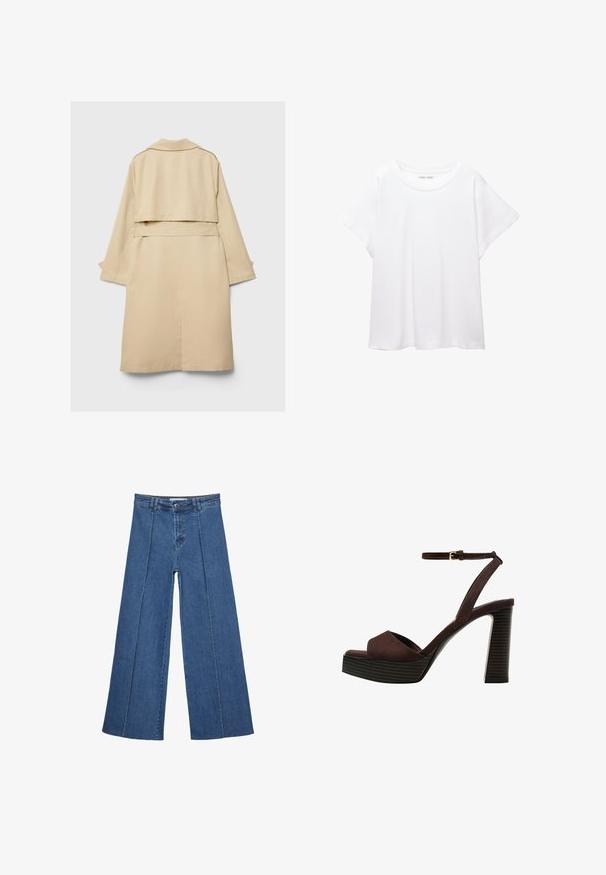Béžový trenčkot s krátkym zadným lemom, dlhými rukávmi a opaskom. Vyrobený z hladkej látky, má jemne vykrojený golier a bočné rozparky.; Biele tričko vyrobené z mäkkého, ľahkého materiálu. Má okrúhly výstrih a krátke, široké rukávy s uvoľneným strihom. Bez viditeľných vzorov.; Rovné džínsy s širokými nohavicami v strednom modrom odtieni, so zvýšeným pásom, zapínaním na gombík a kontrastnými vertikálnymi švami pozdĺž prednej strany.; Hnedé semišové sandále na vysokom podpätku s otvorenou špičkou, nastaviteľným členkovým remienkom a pruhovanou platformovou podrážkou.