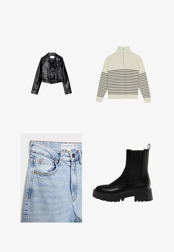 Črna usnjena motoristična jakna s krojem do pasu, z asimetričnim sprednjim zadrgo, sponkami in štirimi zadrgami. Ima nastavljiv pas na v pasu.; Pulover kremne barve z višjim ovratnikom, vertikalno rebrasto teksturo in horizontalnimi črnimi črtami po telesu in rokavih. Podrobnost z zadrgo v srebrni barvi.; Svetlo modri jeans z visokim pasom, petimi žepi, trdnim kovinskim dodatkom v bakreni barvi in subtilnim bledenjem, z oznako na pasu.; Črne usnjene gležnjarje z teksturirano bočno ploščo, zaobljenim prstom in debelim ploščatim podplatom, ki ima cik-cak vzorec.