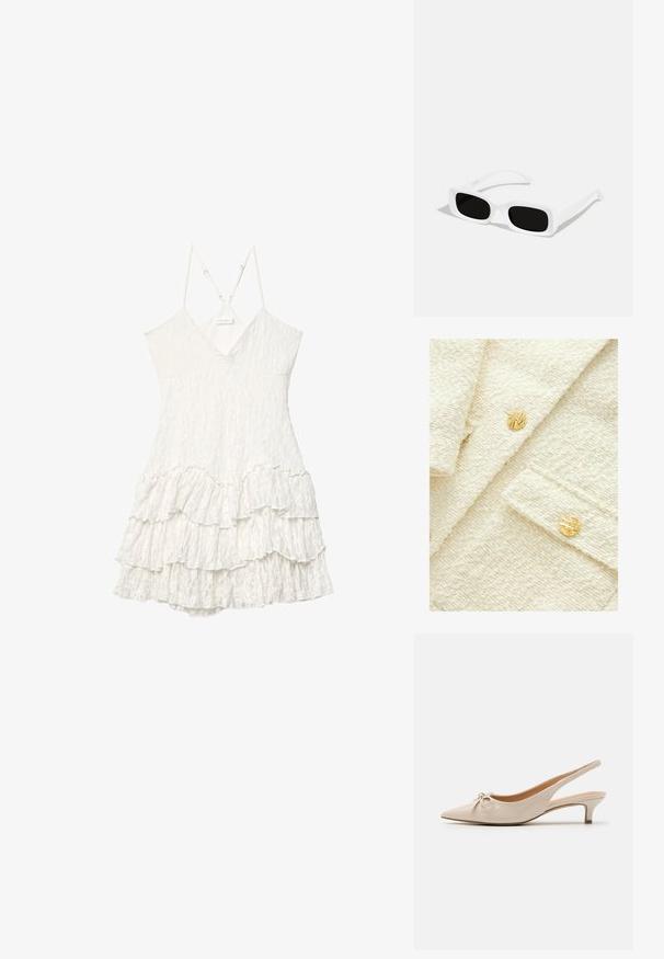 Textúrovaná krémová látka s mäkkým a plyšovým vzhľadom, obsahujúca dva okrúhle zlaté gombíky s výrazným ryhovaným dizajnom.; Biele bezrukávové čipkované šaty s výstrihom do V, nastaviteľnými tenkými ramienkami a detailom sukne s vrstvenými volánmi.; Béžové lakované lodičky na podpätku s špicatou špičkou a ozdobnou mašľou na priehlavku. Obsahujú nízky, štíhly podpätok a hladkú textúru.; Biele obdĺžnikové slnečné okuliare s čiernymi sklami, s matným povrchom a hladkou textúrou. Rám je elegantný a mierne zakrivený.; Biela kožená kabelka s oblým tvarom, nastaviteľným popruhom a vrchným zipsom. Hladká textura s minimálnymi kovovými detailmi.
