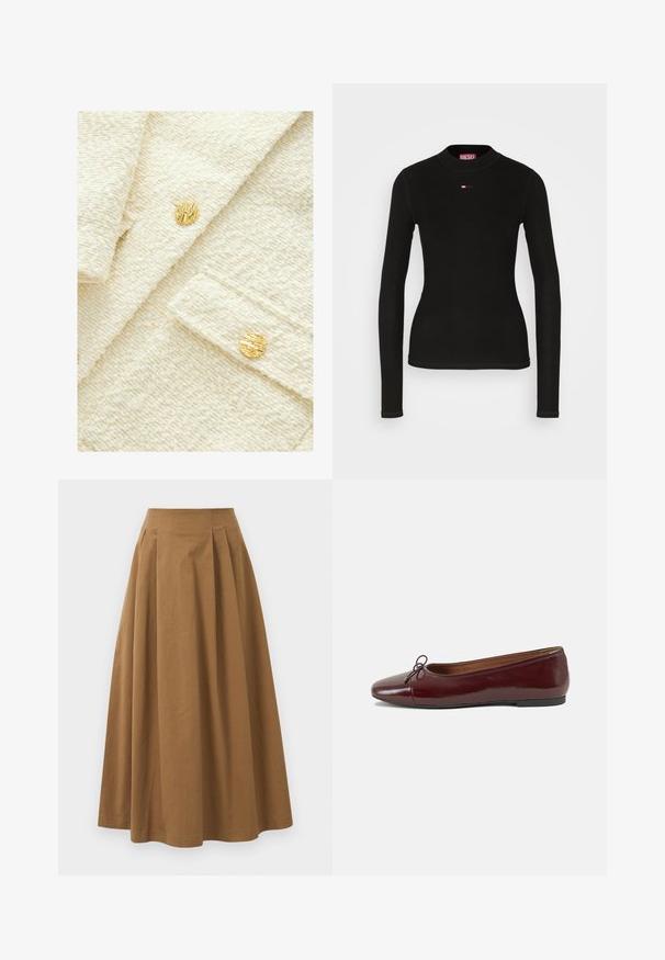 Tekstūrēta krēma krāsas audums ar mīkstu, pūkainu izskatu, kurā ir divi apaļi zeltaini pogas ar izteiktu, rievojumu rakstu.; Melna garu piedurkņu krekls, kas izgatavots no ribu auduma, ar apaļu kakla izmēru un mazu sarkanu Diesel logotipu izšuvumu uz krūtīm.; Brūna kokvilnas A formas svārki ar augstu jostasvietu, kurai priekšā ir krokas un gluda tekstūra. Apakšmala ir tīra un vienkārša.; Burgundijas laku ādas baleta kurpes ar noapaļotu purngalu, nelielu loku akcentu priekšā un zemu melnu gumijas zoli. Gluda tekstūra.