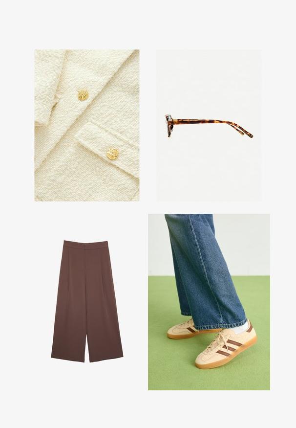 Struktureret cremefarvet stof med et blødt, plysset udseende, der har to runde guldknapper med et distinkt, ribbet design.; Brun kortærmet t-shirt lavet af blødt stof, med rund halsudskæring og en afslappet pasform. Glat overflade uden mønstre eller detaljer.; Brune bredbunde bukser med en glat tekstur, der har høj talje og plisseringer foran. Stoffet er let og falder løst.; Beige sneakers med teksturerede cremefarvede paneler og brune striber, parret med blå denim jeans. Jeansene har brede ben og en frynset kant.; Skildpaddemønstret solbriller med en tyk ramme, let buede stænger og glat overflade. Har et klassisk design med en blank finish.