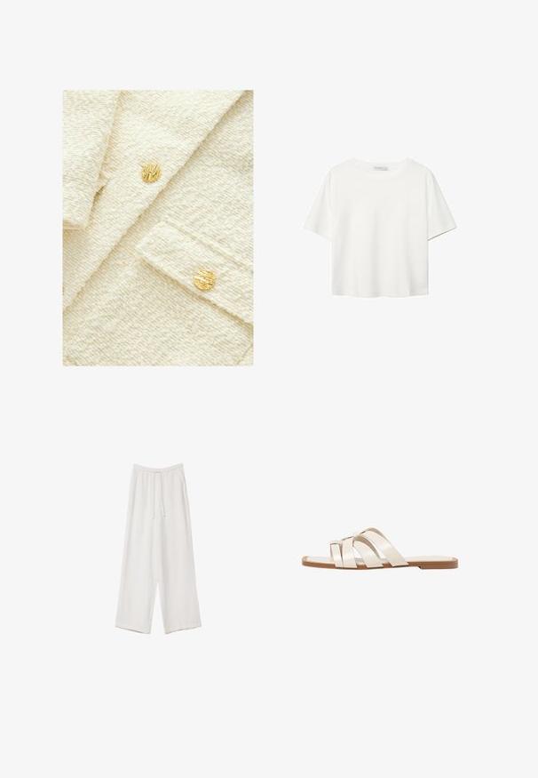 Texturovaná krémová látka s měkkým, plyšovým vzhledem, se dvěma kulatými zlatými knoflíky se zřetelným žebrovaným designem.; Bílý krátký rukáv tričko vyrobené z bavlny. Má kulatý výstřih a volný střih. Hladký materiál bez viditelných vzorů nebo akcentů.; Bílé široké kalhoty vyrobené z lehké tkaniny. Mají elastický pas se šňůrkou a boční kapsy. Hladká textura.; Ploché sandály s hnědou gumovou podrážkou, navržené se třemi překrývajícími se bílými koženými řemínky a malým mašlí uprostřed.