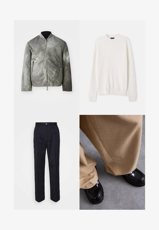 Gray bomber jacket with a matte finish, featuring a stand collar, zip closure, and two side pockets. The fabric has a textured, faintly patterned surface.; White ribbed knit sweater with a crew neckline and long sleeves. Features a small logo embroidery on the chest. Soft texture, fitted design.; Black tailored trousers with a straight-leg design, made of smooth fabric, featuring a front button closure and two side pockets.; Beige trousers with a textured finish, paired with glossy black loafers featuring a thick sole and accent stitching.