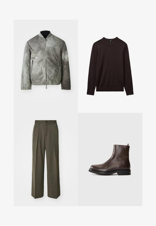 Hallhallane jope mattpinnaga, millel on seisva kraega, lukuga ühendamine ja kaks külgtaskut. Kangas on tekstuurne, kergelt mustriline pinnaga.; Reiss Džemper - dark bordeaux; Filippa K WIDE TROUSERS - Püksid - driftwood; Pruun nahkane sääreking, millel on sile tekstuur, elastsed külgpaneelid, tõmbetabin taga ja robustne kummitald.