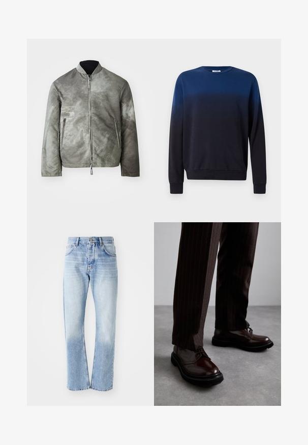 Pelēks bombers jakas ar matētu apdari, ar stāvošu apkakli, ar rāvējslēdzēju un divām sānu kabatām. Audumam ir strukturēta, nedaudz rakstaina virsma.; Zils uz melnu ombre džemperis, apaļa kakla izgriezums, garas piedurknes, mīksta auduma, ribas aproces un apakšmalas, minimālistisks dizains bez rakstiem vai akcentiem.; Gaiši zili džinsu bikses ar taisnu kāju griezumu. Ar piecu kabatu dizainu, pogu aizdari un izbalējušu tekstūru apakšā.; Brūni ādas šņorējami apavi ar spīdīgu apdari, melna gumijas zole un smalki satīti šuvumi. Valkāti ar svītrainām brūnām biksēm.