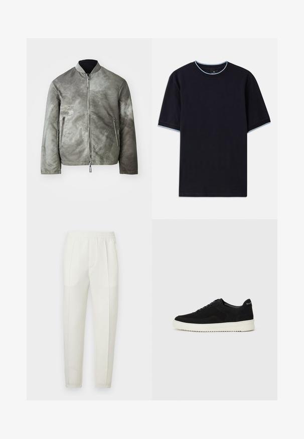 Casaco bomber cinzento com acabamento mate, apresentando gola alta, fecho de correr e dois bolsos laterais. O tecido possui uma superfície texturizada, com um padrão ligeiramente visível.; Camiseta de manga curta azul-escura com decote redondo, apresentando um detalhe azul-claro na gola e nas mangas. Feita de um tecido de algodão macio.; Calças brancas de corte slim com cintura elástica, apresentando dois bolsos laterais e uma textura suave e ligeiramente brilhante.; Sapatilhas de camurça pretas com design de atacadores e sola de borracha branca em contraste. Apresenta painéis laterais texturizados e uma marcação discreta no calcanhar.