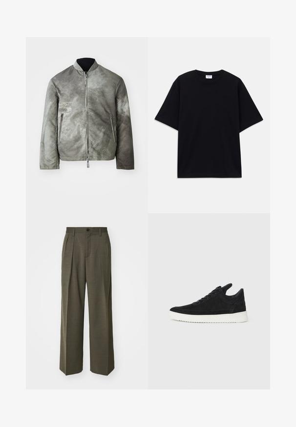 Šedá bomber bunda s matným povrchom, s stojacím golierom, zipsom a dvoma bočnými vreckami. Tkanina má textúrovaný, jemne vzorovaný povrch.; Čierne nadrozmerné tričko s krátkym rukávom a okrúhlym výstrihom, s viditeľnou značkovou etikou Filippa K vo vnútri goliera.; Filippa K WIDE TROUSERS - Nohavice - driftwood; čierne semišové tenisky s bielou gumovou podrážkou, s tonálnym prešívaním a šnurovaním. Hladká textúra s moderným, zjednodušeným tvarom.