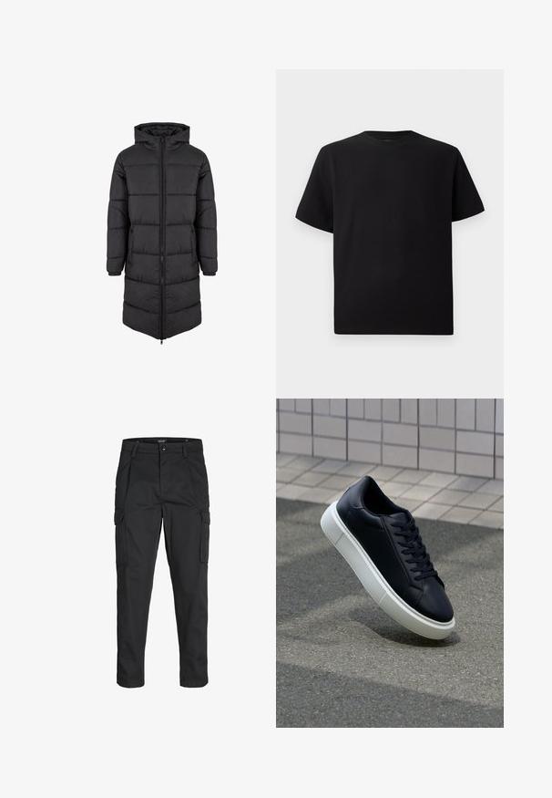 Mustal värviline polsterdatud pikem jakk, millel on lukuga sulgemine, kapuuts ja elastsed mansetid; omadused on tikandite tekstuur ja sirge lõikega disain.; Must have lühikeste varrukatega must T-särk, mis on valmistatud tekstuursetest materjalidest, ümmarguse kaelusega ja lõdva lõikega. Lihtne, ilma mustrite või aktsentideta.; Mustad mustapõlvik, mis on valmistatud tugeva koe kasutades, sisaldab mitmeid taskuid, nupule kinnitatav sulgemine ja kitsenev disain.; Mustast nahast tennisetoss, millel on ümar nina ja valge kummist tall. Omab siredaid paelu ja minimaalset õmblemist ülemises osas. Tekstuuriga tald, mis tagab haakuvuse.