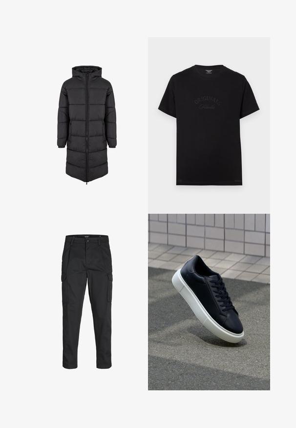 Schwarzer, gepolsterter langer Mantel mit Reißverschluss, Kapuze und elastischen Bündchen; verfügt über eine gesteppten Textur und ein gerades Schnittdesign.; Schwarzes Baumwoll-T-Shirt mit kurzen Ärmeln und rundem Halsausschnitt. Auf der Vorderseite befindet sich der Schriftzug "ORIGINALS Studio" in eingeprägten, tonalen Buchstaben.; Schwarze Cargo-Hose aus robustem Material, mit mehreren Taschen, einem Knopfverschluss und einem Slim-Fit-Design mit schmal zulaufenden Beinen.; Schwarze Leder-Sneaker mit runder Zehenpartie und weißer Gummisohle. Verfügt über flache Schnürsenkel und minimale Nähte im Obermaterial. Strukturiertes Sohlenprofil für besseren Halt.