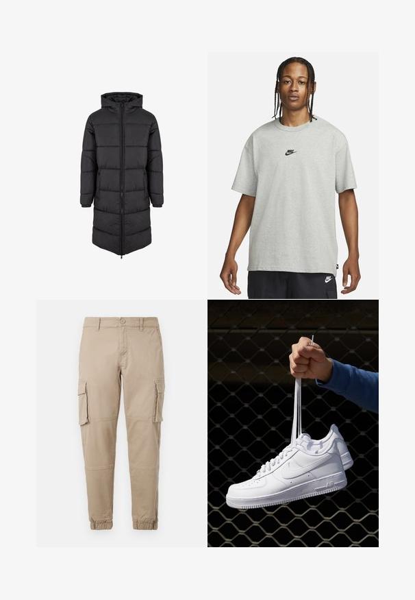 Svart vadderad lång kappa med dragkedjestängning, huva och elastiska ärmslut; har kviltad textur och rak skärning.; Ung person med flätat hår iklädd en ljusgrå Nike T-shirt och svarta Nike-shorts framför en enkel vit bakgrund.; Beiga cargobyxor i ett lätt bomullsmaterial. Har elastiska mudd, flera sidofickor och en knappstängning.; Vita lädersneakers med perforeringar, rund tå, platt sula och tjocka snörning, med en synlig swoosh-logga och "AIR" på hälen.