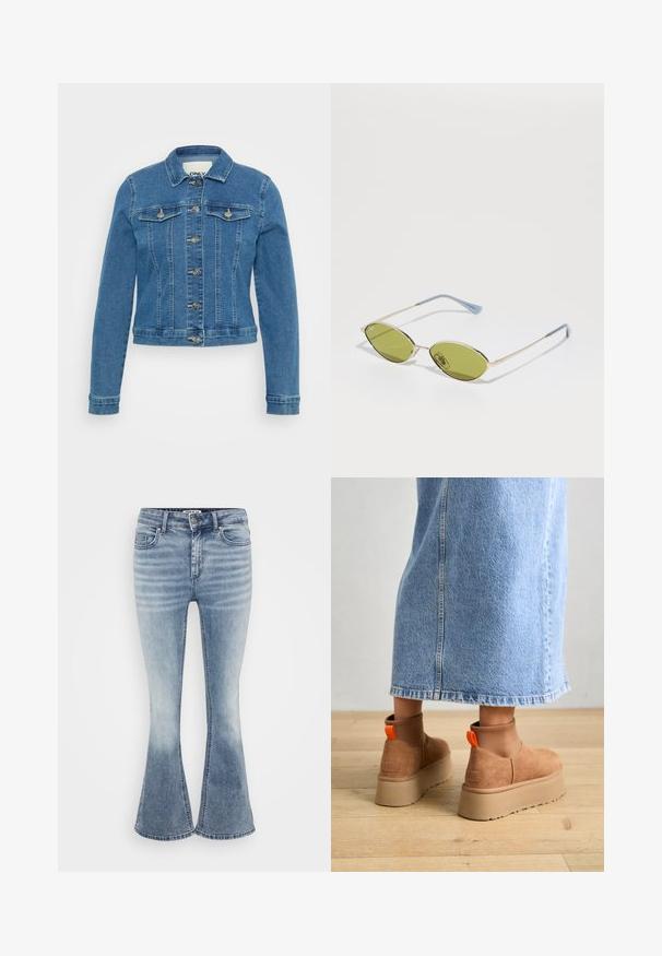 Hele sinine teksajakk, mis on konstruktsioonilt vormitud, nupuvajutusega esivars, kaks rintaskut ja kontrastõmblused. Omab pikki varrukaid ja lühendatud hemmi.; Even&Odd Petite 3 PACK - Pikkade varrukatega topp - black/white/light green; Heledad helesinine teksariie, mis on valmistatud denimist, klassikalise viie taskuga disainiga, ees lukuga sulgemine ja õrn pleekimine reite piirkonnas.; Pruunid nahatooted platvormikontsad elastsete külgpaneelidega ja oranžide tõmbetuttidega, koos puusani ulatuva heleda denim-seelikuga puidust põrandal.; Oliivrohelised prillid, millel on õhuke kuldne raam ja sinise aktsendiga käed. Ovaalsed läätsed ja minimalistlik disain.