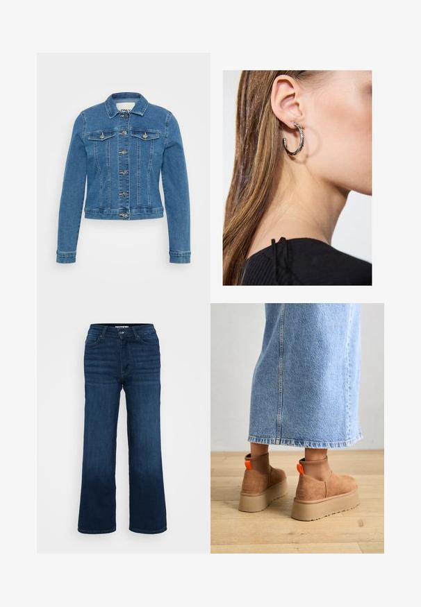 Jasnoniebieska kurtka dżinsowa o dopasowanym kroju, z zapięciem na guziki, dwiema kieszeniami na piersiach oraz kontrastowym stębnowaniem. Posiada długie rękawy i skrócony dół.; Even&Odd Petite - Top; ONLY Petite ONLMADISON WIDE ciemnoniebieski; Brązowe zamszowe buty na platformie z elastycznymi bokami i pomarańczowymi uchwytami, w połączeniu z jasnoniebieską spódnicą do kolan na drewnianej podłodze.; Srebrny kolczyk w kształcie koła z polerowanym wykończeniem, z małymi złotymi akcentami, noszony na płatku ucha.