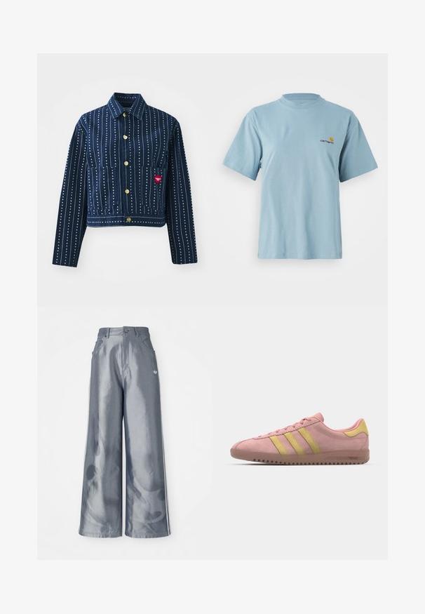 Mørkeblå dongeri-jakke med hvite vertikale striper og små hjerte mønstre. Har en kragenakke, knappelukking foran og to frontlommer.; Lyseblå kortermet bomull T-skjorte med rund hals og liten Carhartt-logo i gul og rød på venstre bryst.; Vide benbukser i skinnende grå materiale, med hvide sidestriber og et flammemønster på de nederste ben. Knap- og lynlåslukning i taljen.; Rosa semskesneaker med tre gule striper, avrundet tå og teksturert gummisal. Lavprofil design med polstret krage.