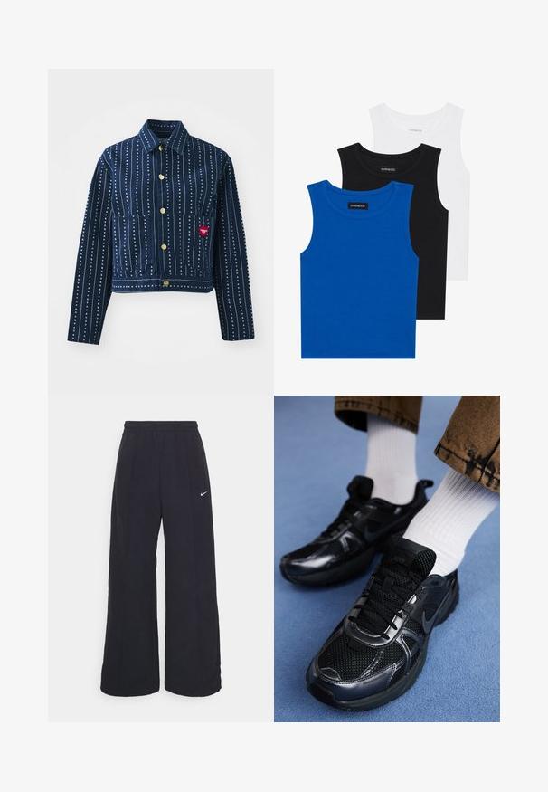 Marineblauwe denimjacket met witte verticale strepen en kleine hartpatronen. Heeft een kraag, knoopsluiting en twee voorzakken.; Drie mouwloze shirts in blauw, zwart en wit. De stof is ribbelstof met een ronde hals. Elk shirt heeft een label met de tekst "even&odd."; Zwarte wijde broek met een elastische tailleband en een klein wit Nike-logo. De stof heeft een soepele textuur, ontworpen voor comfort en casual gebruik.; Zwarte Nike sportschoenen met een mesh bovenkant en glanzende accenten, zwarte veters en een gestructureerde zool. In combinatie met witte geribde sokken.
