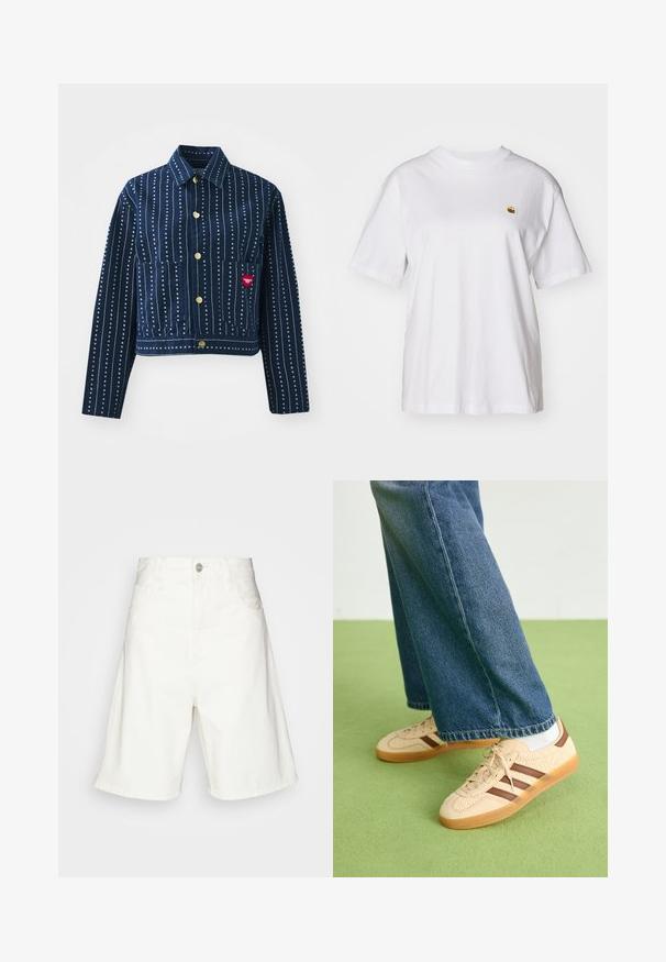 Peacoat blaue Jeansjacke mit weißen vertikalen Streifen und kleinen Herzmustern. Verfügt über einen kragenförmigen Ausschnitt, Knopfverschluss und zwei vordere Taschen.; Weißes Baumwoll-T-Shirt mit lockerem Schnitt, kurzen Ärmeln und einem kleinen gestickten Logo auf der linken Brustseite.; Weiße Jeansshorts mit hoher Taille, ausgestattet mit einem vorderen Knopfverschluss, zwei seitlichen Taschen und einem lockeren Schnitt. Glatte Textur ohne sichtbare Muster.; Beige Sneakers mit strukturierten cremefarbenen Paneelen und braunen Streifen, kombiniert mit blauen Jeans. Die Jeans haben einen weiten Beinschnitt und einen fransigen Saum.