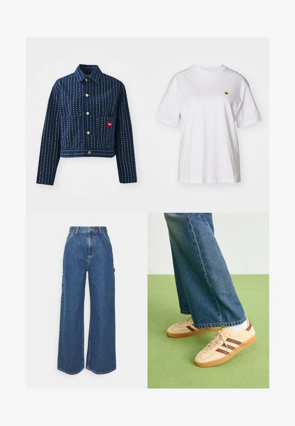 Mörkblå denimjacka med vita vertikala ränder och små hjärtan. Har en kragkrage, knäppning fram och två framfickor.; Vit bomull t-shirt med avslappnad passform, korta ärmar och en liten broderad logotyp på vänster bröstområde.; Breda ljusblå denimbyxor med hög midja, kontrasterande sömmar och sidofickor, som har en klassisk femficksdesign och råa kanter.; Beiga sneakers med strukturerade krämfärgade paneler och bruna ränder, i kombination med blå denimjeans. Jeansarna har vida ben och fransad fåll.