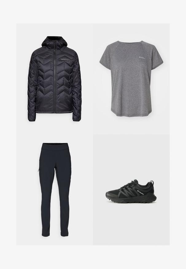 Casaco preto isolante com padrão em chevron, fecho frontal com zíper e capuz. Apresenta uma textura suave e um logótipo na área esquerda do peito.; Camisa cinza de manga curta com um padrão texturizado subtil, decote redondo e logótipo da Columbia no peito. Tecido suave, ajuste descontraído.; Calças de atletismo pretas com um corte ajustado, cintura elástica e um bolso lateral com fecho. Tecido suave e elástico com costuras mínimas.; Columbia PEAKFREAK - Sapatos de caminhada - black