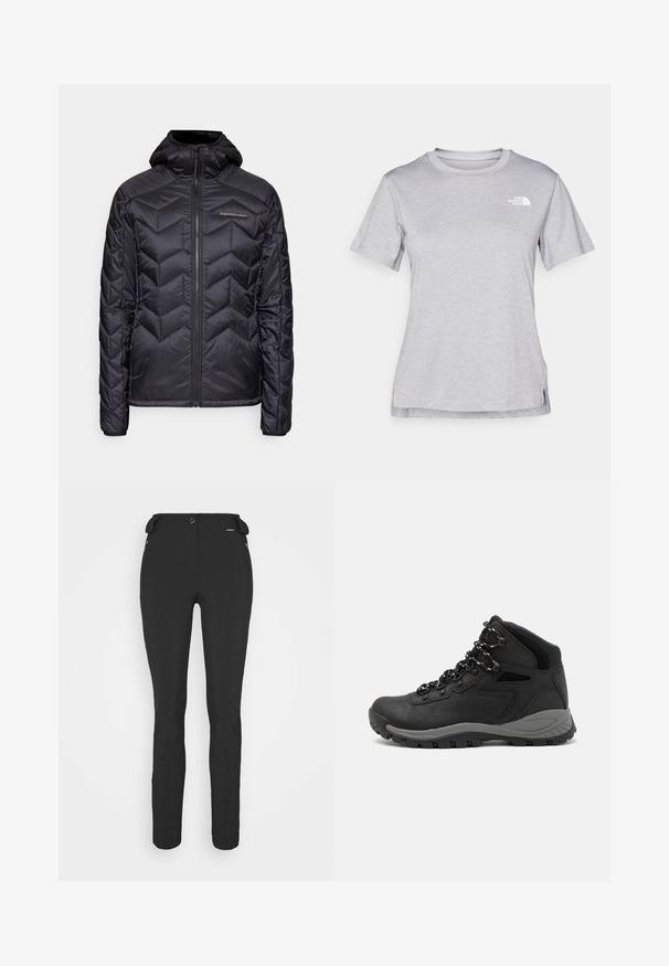 Czarna izolowana kurtka z wzorem w zygzak, z zapięciem na zamek błyskawiczny z przodu oraz kapturem. Posiada miękką teksturę i logo na lewej części klatki piersiowej.; Szara, krótkozasięgowa koszulka wykonana z miękkiego, odprowadzającego wilgoć materiału. Posiada okrągły dekolt oraz małe białe logo w górnym lewym rogu.; Czarne, dopasowane spodnie wykonane z elastycznego materiału. Cechy to kieszeń boczna na zamek, strefowe kolana oraz gładka faktura.; Czarne buty trekkingowe z średnim cholewem, z teksturowaną cholewą, szarymi akcentami oraz trwałą gumową podeszwą z wypustkami zapewniającymi przyczepność.