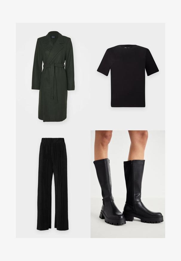 Dunkelgrüner, langer Wollmischungsmantel mit Wickeldesign, großen Revers und Taillenkordel. Verfügt über lange Ärmel und eine glatte Textur.; Schwarzes T-Shirt mit kurzen Ärmeln und Rundhalsausschnitt, aus weichem Baumwollmaterial gefertigt. Schlichtes Design, keine sichtbaren Logos oder Muster.; Schwarze plissierte Hose mit elastischem Bund. Verfügt über weite Hosenbeine und einen glatten, strukturierten Stoff mit vertikalen Streifen.; Schwarze kniehoge Stiefel aus glattem Kunstleder mit einer robusten Sohle, seitlichem Reißverschluss und einem runden Zehendesign.